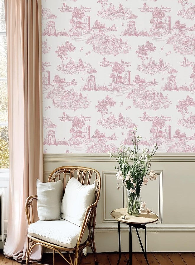 WENMER Pink Toile Peel & Stick Wallpaper for Bedroom, Self-Adhesive White and Pink Vintage French Country Wallpaper for Girls Room, Toile Contact Paper for Cabinet 17.7" X 118" - Image 5